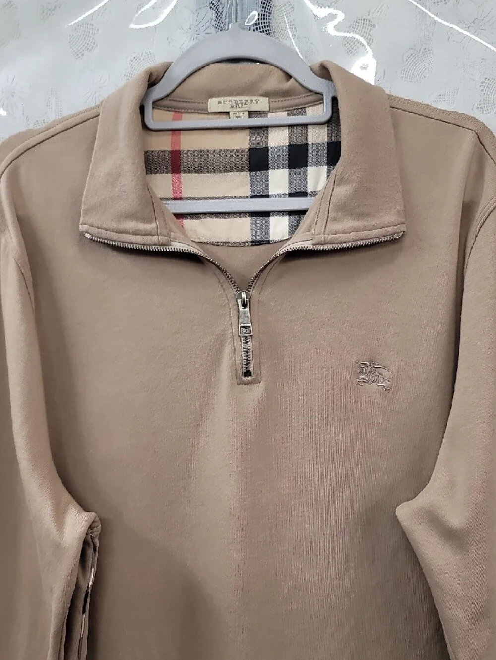 Burberry Tan Quarter Zip Pullover Sweater with Signature Check Collar Size XL